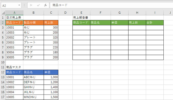 2 つの表 (日時売上表、商品マスタ) と新たに作る表 (売上報告書) の枠組みを用意