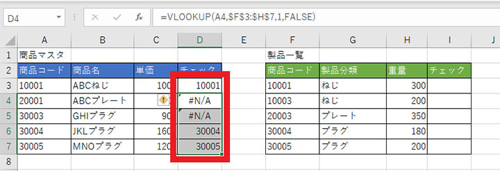 式を入力した商品マスタのチェックのセルを、チェック列全体にコピー & ペースト