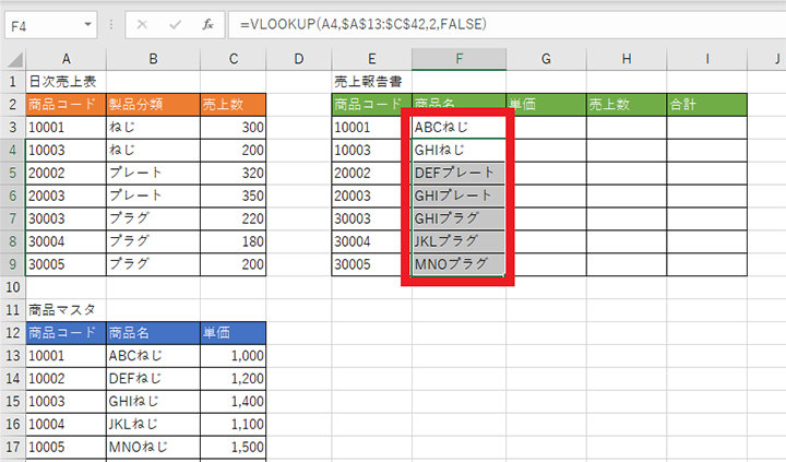 VLOOKUP 関数を入力したセルをコピーし、売上報告書の商品名の列全体にペースト