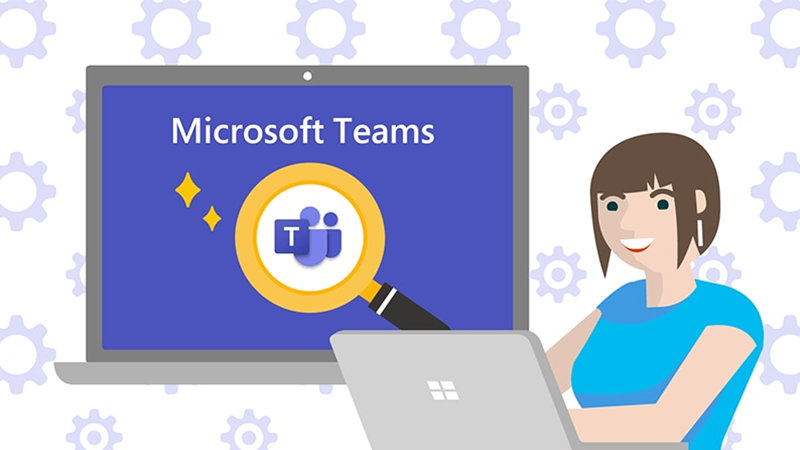 ノート PC を操作する人物と Microsoft Teams 検索していることを表すイラスト