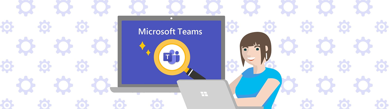 ノート PC を操作する人物と Microsoft Teams 検索していることを表すイラスト