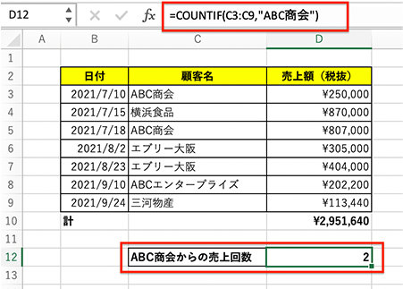 COUNTIF 関数で ABC商会からの売上回数を取得