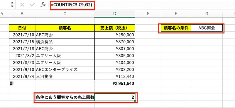 COUNTIF 関数で条件に合う顧客からの売上回数を取得