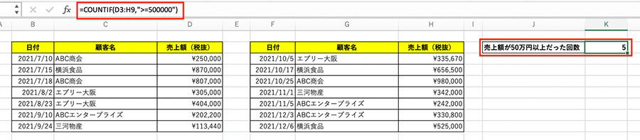 COUNTIF 関数で複数の列から条件に合うセルをカウント