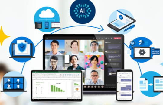 Microsoft Teams の Web 会議が表示されたノート PC・チャット画面が表示されたスマートフォン・Excel の表とグラフが表示されたタブレットと Microsoft 365 の各種機能を表したアイコン