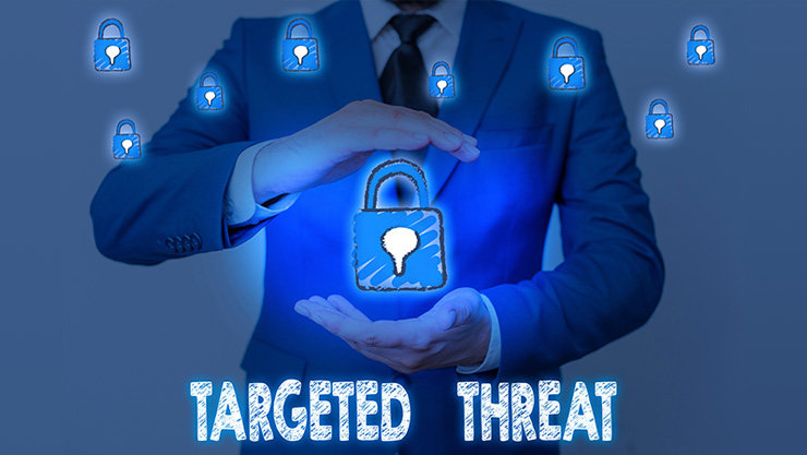 ビジネス パーソンの写真、南京錠のイラストと TARGETED THREAT の文字