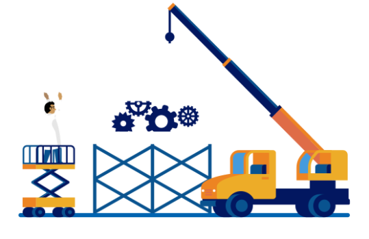 クレーンでクラウドのソリューションを組み立てるイメージのイラスト