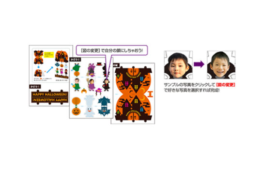お城やキャラクターの切り取り型紙と、顔部分を入れ替える操作手順。