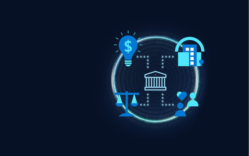 Illustration with a Government building in the center surrounded by 4 icons representing Public Finance, Justice, Public Health & Critical Infrastructure