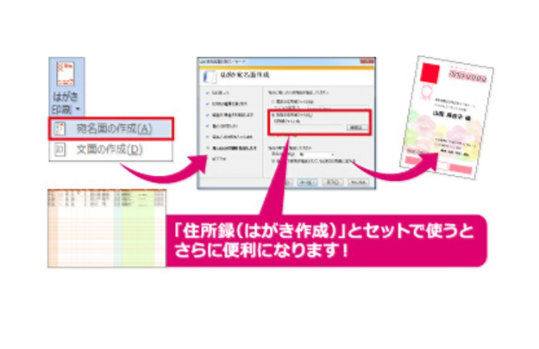［差し込み文章］→［はがき印刷］→［宛名面の作成］で簡単に宛名印刷ができます！ / 「住所録（はがき作成）」とセットで使うとさらに便利になります！