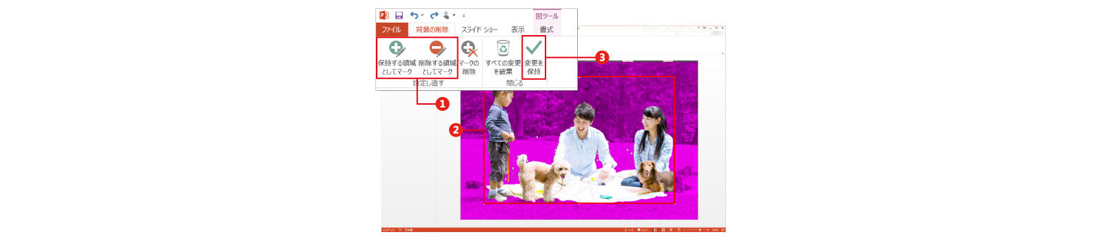 テンプレート画面:削除する背景は紫色で覆われていますが、保持する領域としてマークし、削除する領域としてマークし、変更を保持することは赤い枠線で囲まれています