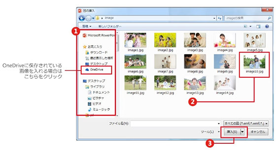 「図の挿入」ウィンドウ: 使用するファイルを含むフォルダーと画像ファイル、 [挿入] ボタンが赤い枠線で囲まれている