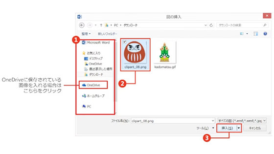 「図の挿入」ウィンドウ: 使用するファイルを含むフォルダーと画像ファイル、 [挿入] ボタンが赤い枠線で囲まれている