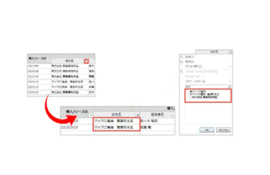 指定条件に合うデータだけを簡単に抽出できます！/表上の▼をクリックし、検索項目にチェックor検索ワード入力で、あてはまる行のみを表示！