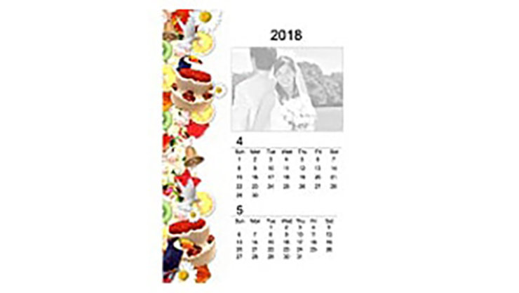 4月上旬の結婚式フォトカレンダー、花柄のポップなデザインで