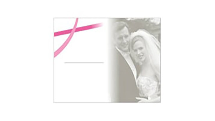 結婚式のフォトブックアルバムテンプレート、白い背景にピンクのリボンとエレガントなデザインで