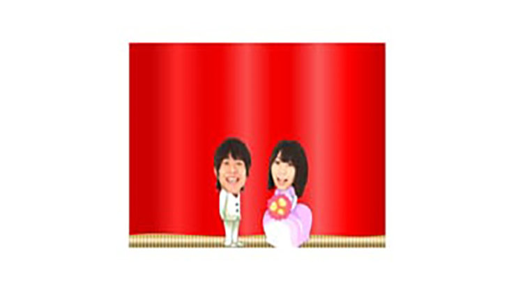 赤い色のセカンドウェディングパーティームービースライド、かわいいイラストアニメーション付きの新郎新婦の写真