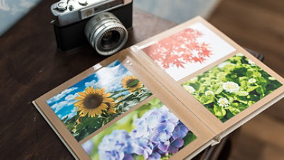 テーブルに置かれたカメラとアルバム