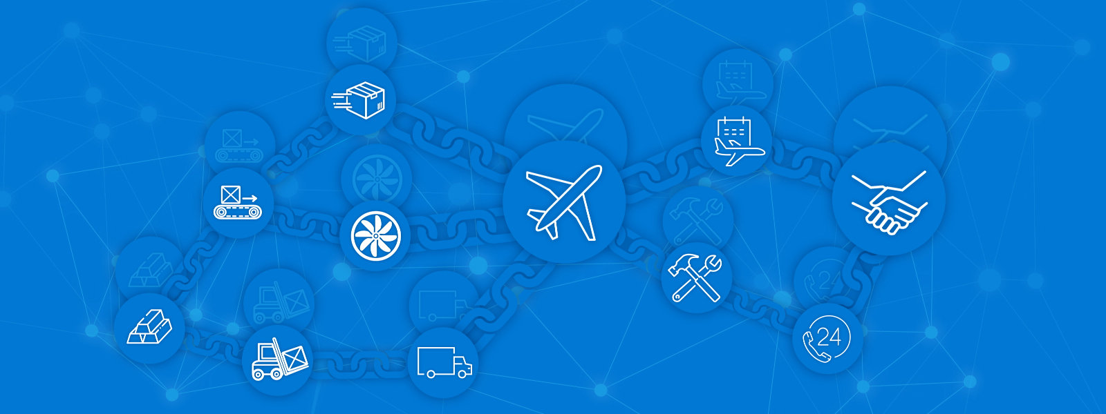 In the picture you can see a supply chain with various symbols is shown on a blue background.