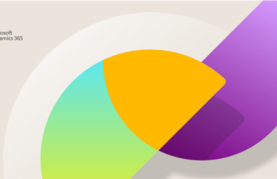 Geometrische Formen auf beigem Hintergrund. Links oben Microsoft Dynamics 365 Logo. Die Formen sind in grün, orange,  und lila Tönen gehalten