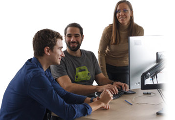 three people talking in front of the screen