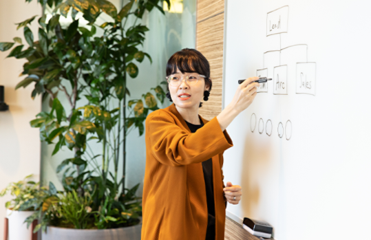 ホワイトボードを使って説明をする Naho さん