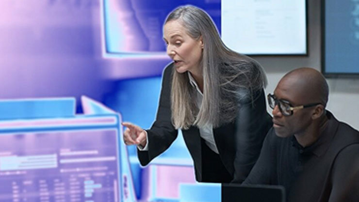 Zwei Personen arbeiten an einem Computerbildschirm in einer lila-blauen Umgebung.