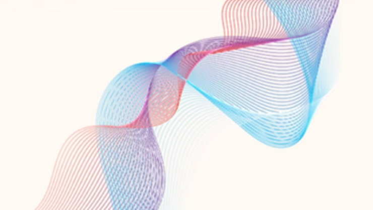 Abstraktes, farbenfrohes Wellenmuster aus sich kreuzenden Linien in Blau, Rot und Lila auf beigem Hintergrund.