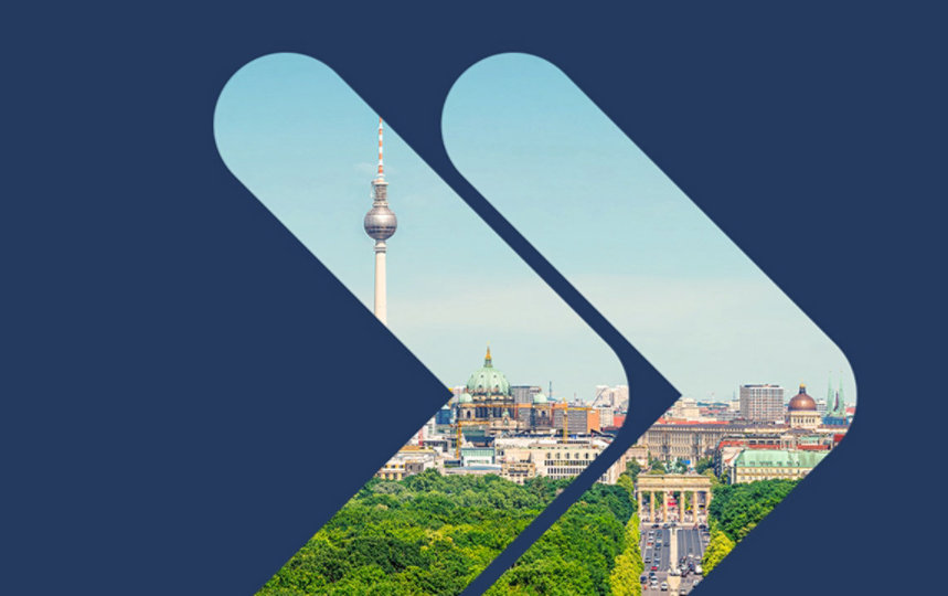 Berlin skyline with TV tower and Berlin Cathedral, framed by abstract dark blue shapes.
