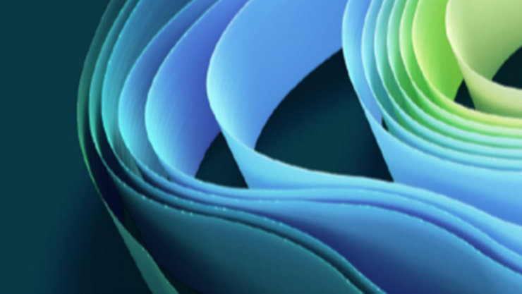 Ein dekoratives Bild mit hauptsächlich gelben, blauen und grünen Bändern vor dunkelgrünem Hintergrund.