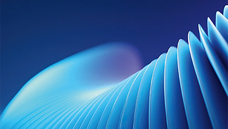 Eine abstrakte Grafik zeigt geschwungene, fächerartige Linien in verschiedenen Blautönen, die einen dynamischen Wirbel bilden.