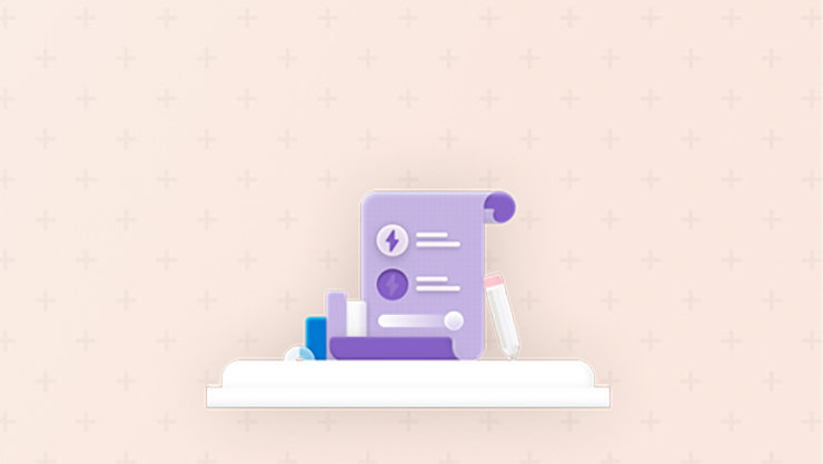 Illustration eines violetten Dokuments mit Symbolen und Listen auf einem weißen Regal