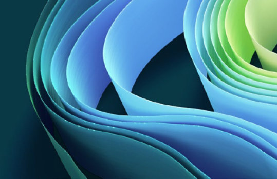 Ein dekoratives Bild mit grünen, blauen und gelben Bändern auf dunkelgrünem Hintergrund