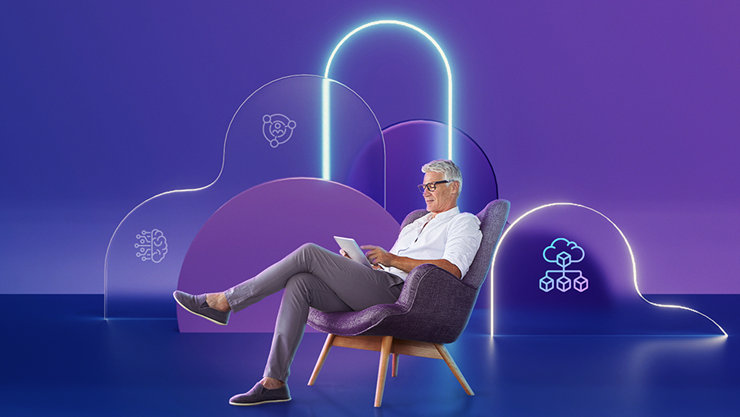 Eine Collage aus verschiedenen grafischen Elementen mit einer Person im Sessel auf violettem Hintergrund