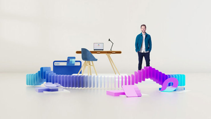 Person neben einem Schreibtisch mit Laptop, umgeben von farbenfrohen abstrakten Büroelementen und einer geschwungenen Struktur mit Blau‑Pink‑Farbverlauf.