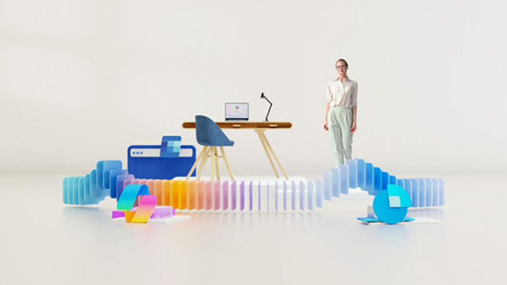 Person neben einem Schreibtisch mit Laptop, umgeben von farbenfrohen abstrakten Büroelementen und einer geschwungenen Struktur mit Regenbogenfarbverlauf.