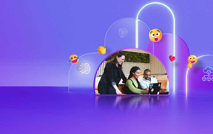 Drei Personen arbeiten gemeinsam an einem Laptop, umgeben von Cloud-, KI- und Reaktionssymbolen.