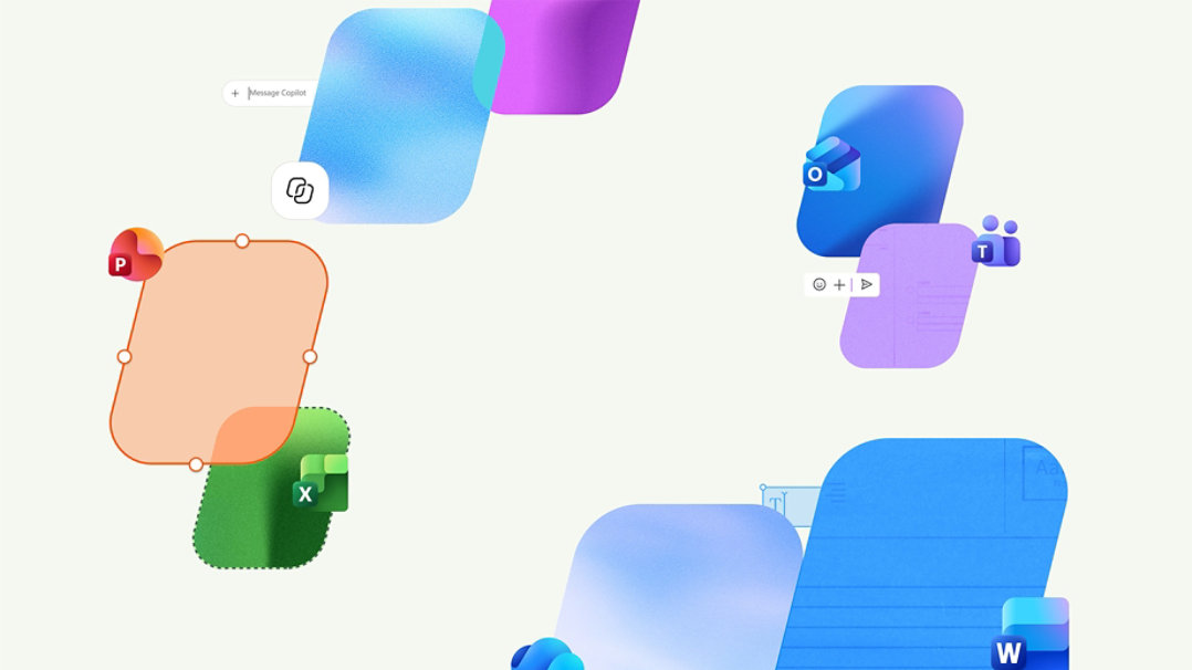 Microsoft 365の各種アプリ（Word、Excel、PowerPoint、Outlook、Teams、Copilot）のアイコンとカラフルなブロック