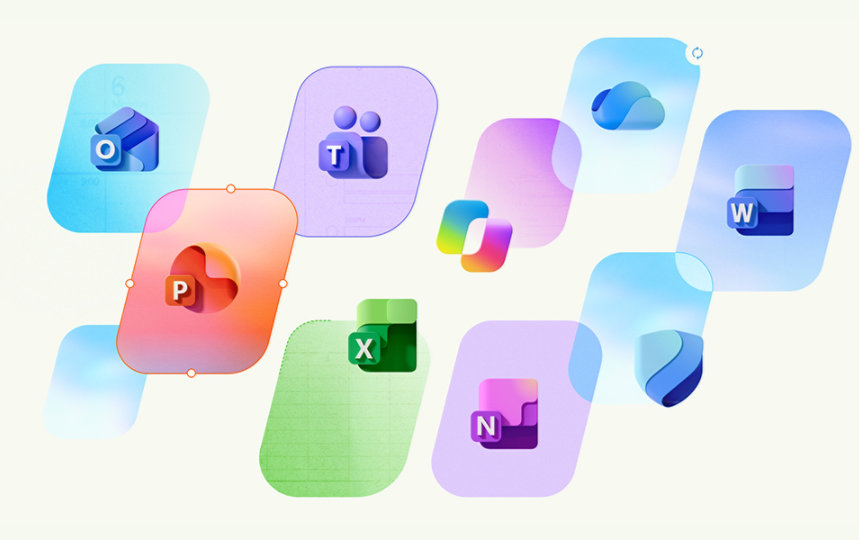 Word, Excel, PowerPoint, Outlook, Microsoft Defender, OneDrive, Teams, copilot のアプリ アイコン