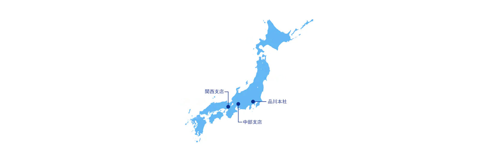 マイクロソフト品川本社、中部支社、関西支社を示す日本地図