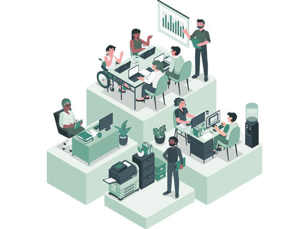 多様性のある人々がコラボレーションして働く様子