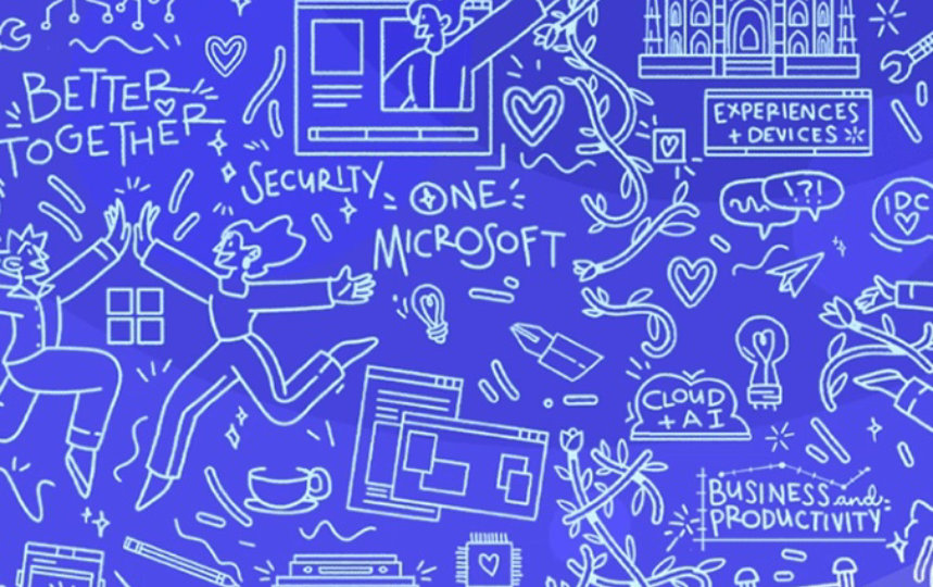 A doodled illustration with many tiny elements describing Microsoft IDC