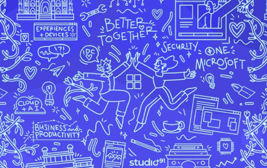 Blue illustrated background with white line drawings of people high‑fiving near the Microsoft word, surrounded by visual elements and text including “BETTER TOGETHER”, “SECURITY”, “ONE MICROSOFT”, “EXPERIENCES + DEVICES”, “CLOUD + AI”, “IDC”, “studio+91” and “BUSINESS AND PRODUCTIVITY” along with various abstract shapes and sketches.
