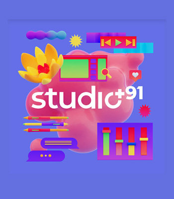A 3D illustration with UI elements and a flower with Studio+91 logo at the centre.