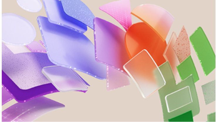 Abstrakte Illustration mit bunten, überlappenden, durchscheinenden Formen in Lila, Orange und Grün auf beigem Hintergrund.