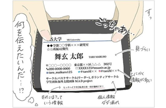 「何を伝えたいんだ…!?」と、舞玄太郎の情報の多い名刺を持つ手のイラスト。