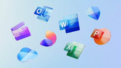 Word, Excel, PowerPoint, Outlook, Microsoft Defender, OneDrive, Clipchamp, Designer のアプリ アイコン