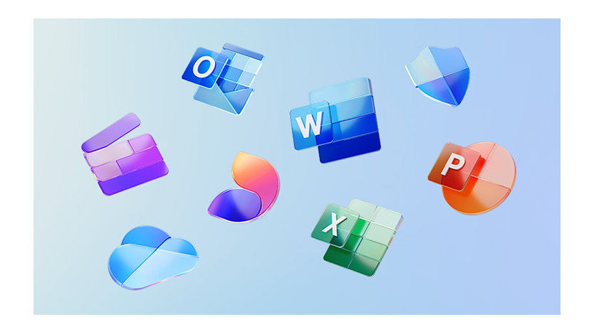 Word, Excel, PowerPoint, Outlook, Microsoft Defender, OneDrive, Clipchamp, Designer のアプリ アイコン