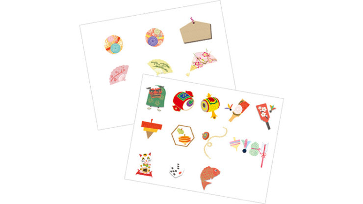 日本の伝統的なモチーフのイラストが並べられた2枚の紙。