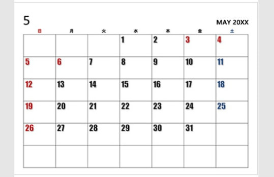 20XX 年 5 月の月を描いたカレンダー テンプレートの例